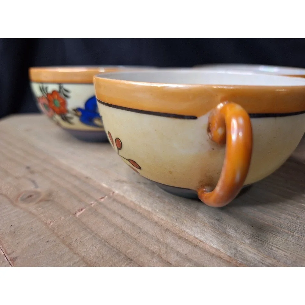 Vintage Japanese Lusterware Teacups Set of‎ 3 Blue Bird Floral Porcelain Japan